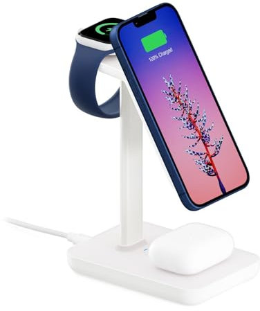 Twelve South HiRise 3 | 3-in-1 Magnetische Ladestation für MagSafe iPhones, AirPods und Apple Watch + 5 ft USB-C Kabel (Weiß)