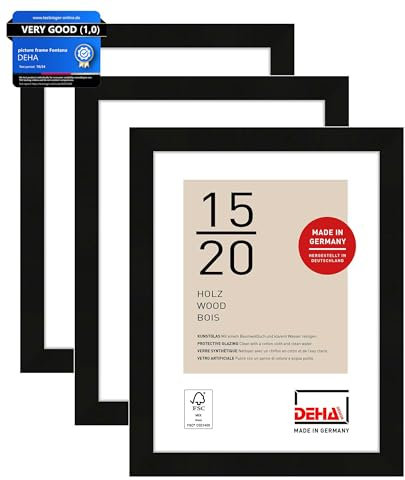 DEHA Design Bilderrahmen, 15 x 20 cm (3er Set), Holz, Schwarz, Fotorahmen zum Auftstellen im Hoch- & Querformat, bruchsicheres Kunstglas, Fontana