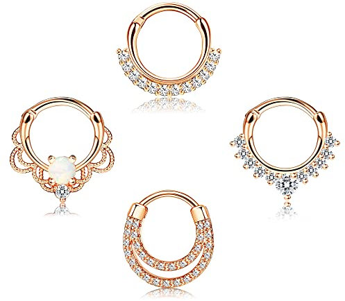 KALVICA 4 Pcs 16G 316L Surgical Steel Nose Ring Septum Clicker Ring Hinged Lip Rings Helix Cartilage Hoop Earrings Piercings Jewellery Gold Silver Rose Gold