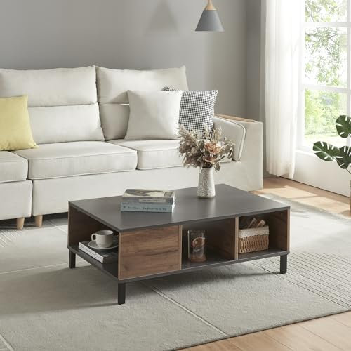 [en.casa] Couchtisch Leppävirta Beistelltisch mit 3 Ablagefächern Wohnzimmertisch 33 x 90 x 60 cm Sofatisch Eiche rustikal/Anthrazit