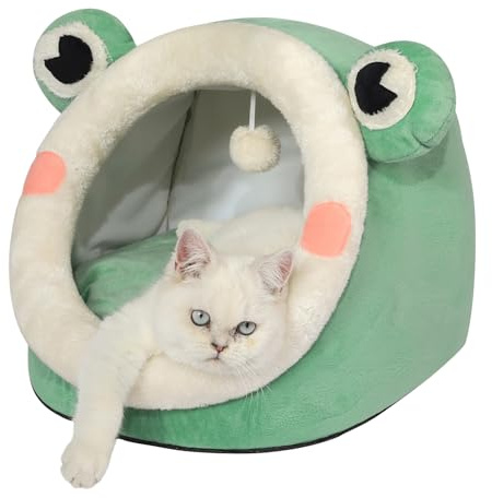 Jiupety Mignon Grotte pour Chat, Panier pour Chats Interieur, Lit pour Chat M (38 cm x 37 cm x 32 cm), Cat Bed avec Coussin Lavable et Amovible, Niche pour Chats avec Semelle Antidérapante, Verte