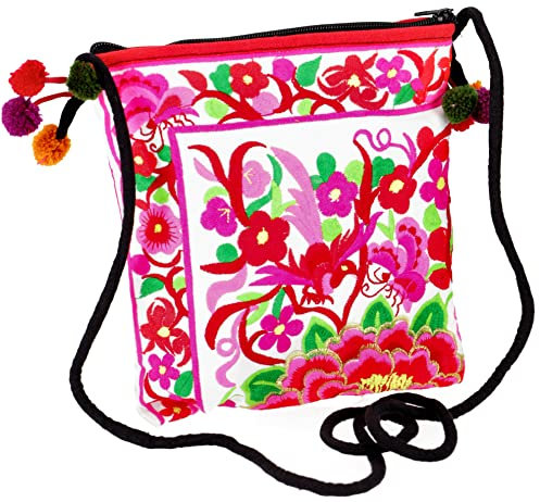 GURU SHOP Schultertasche, Hippie Tasche Chiang Mai, Bestickter Beutel - Weiß, Unisex - Erwachsene, Baumwolle, 22x20x5 cm