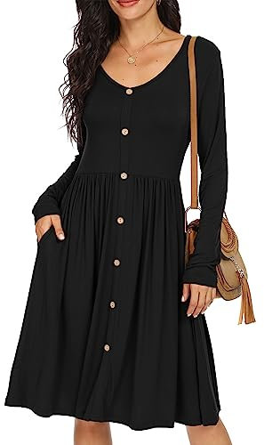 GRECERELLE Womens Long Sleeve Casual Plain Swing Dresses Button Down A-Line Midi Short T-Shirt Dress with Pockets (Black, M)
