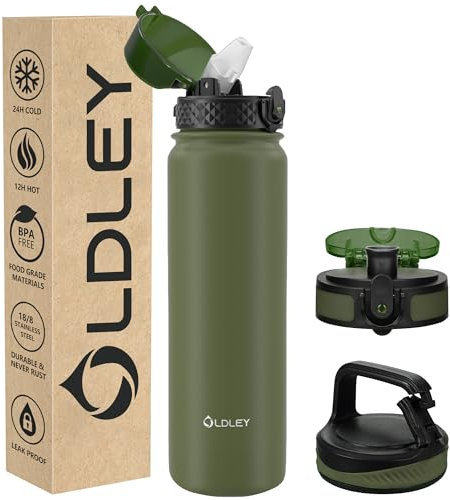 OLDLEY Stainless Steel Water Bottle with Straw 1L Vaccum Insulated Large Drink Flask Metal Water Bottles 1 Litre Leakproof Keep Drinks Hot Cold for Sports Travel Gym with Different Lids(Olive, 3 Lids)