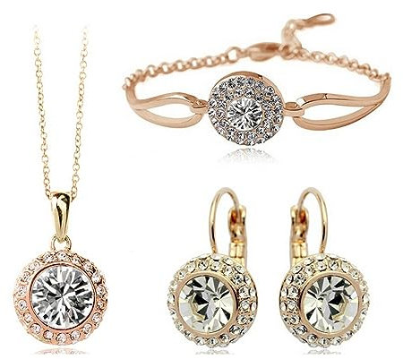 FDEETYRund Kristall Schmuckset Halskette Armband Ohrringe Damen Blau Strass Elegant Hochwertig Klassisch Schmuck