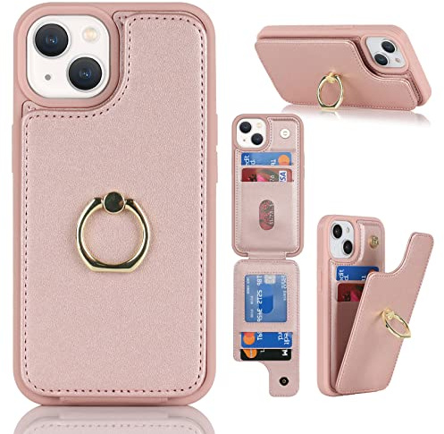Cavor Phone Case compatible with iPhone 14 Plus Case With Card Holder,Flip Folio Leather Wallet Case,Ring Kickstand Shockproof Cover Case compatible with iPhone 14 Plus - Rose gold