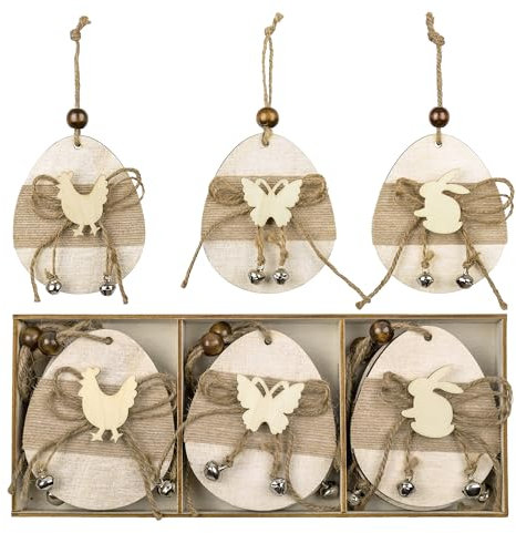 Valery Madelyn 6er Set Osterdeko, 8cm Holzdeko zum Aufhängen, Osterschmuck - Hahn, Schmetterling und Hase Dekohänger für Ostern