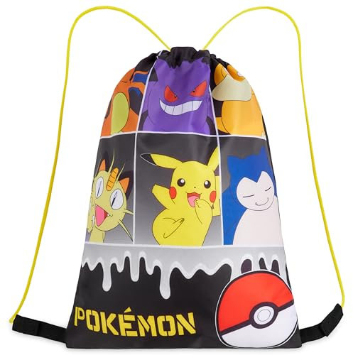 Pokemon Jungen Kordelzug Turnbeutel, Schwimmtasche Kinder Gym Bag Sporttasche - Jungs Geschenke Pikachu (Schwarz/Mehrfarbig)