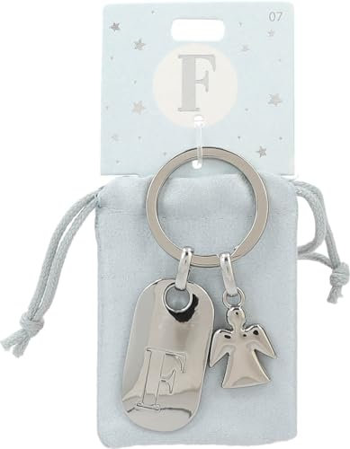 Depesche 11800-007 Porte-clés argenté avec Lettre F et Ange Gardien, Alliage de Zinc, Pochette en Velours colorée Incluse