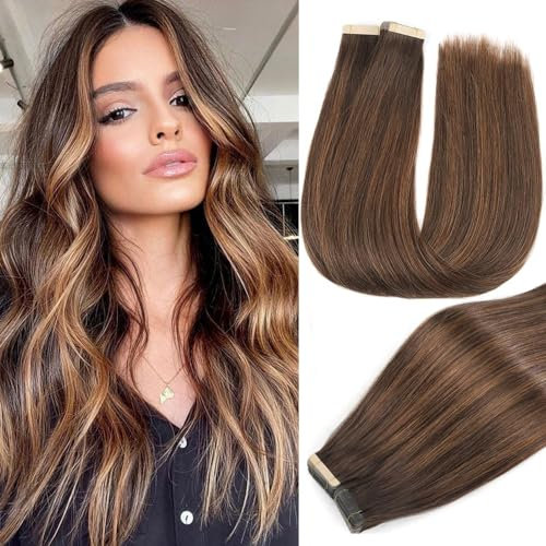 YDDM Tape In Extensions Echthaar 20pcs 35cm 40g Dunkelbraun mit Chestnut Brau Invisible Ombre Tape Extensions Echthaar Extensions Echthaar Tape Extensions Skin Weft Haarverlängerung(14Zoll,2/2/6#)