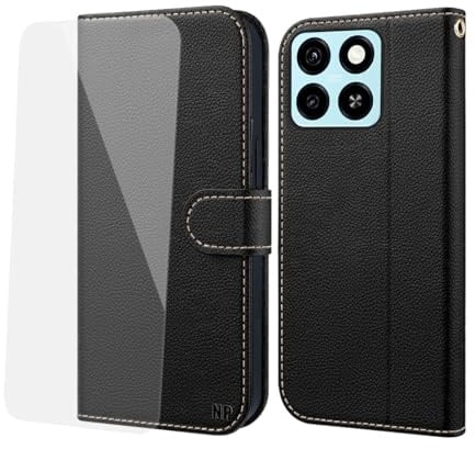 NP-Caser Handyhülle für ZTE Blade A55/ Blade A35 Hülle [mit Panzer Schutz Glas], Premium Lederhülle mit Kartenfächern [Klappbar Flip case] Handy Schutzhülle für ZTE Blade A55/ Blade A35, Schwarz