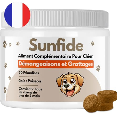 SUNFIDE - Démangeaisons - Complément Alimentaire pour Chien - Contre Les Démangeaisons, Léchages - Oméga 3 - Probiotiques pour Chien - Contre Les Allergies (1 Boîte (60 Friandises au Poisson))