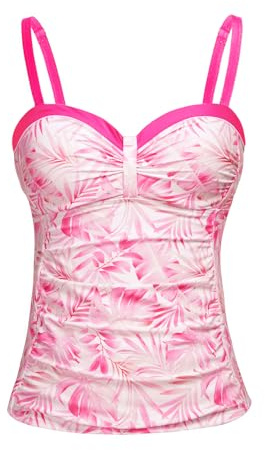Talisea Women's Underwire Tankini Top Only Tummy Control Swimsuit Top Push Up Bathing Suit Top No Bottom, Pink Leaves, S