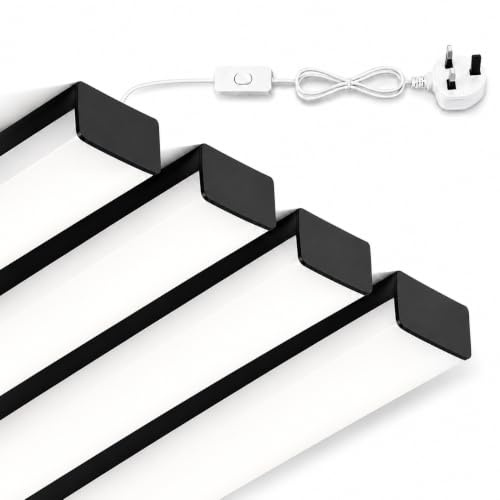 Full-Screen LED Batten Light 4ft/115cm, Linkable Plug in Ceiling Light 33W | 3610lm 3000K/4200K/6500K Selectable, LED Strip for Garage Office Living Room Kitchen Shed (Black, 4-Pack)