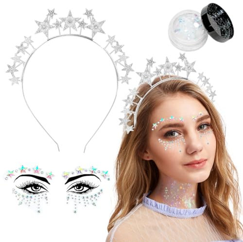 Haarreif Sterne Silber, Stern Strass Haar Hoop Stirnband, Strasssteine Gesichtstattoo, Glitzer Gesicht, Glitzer Haarreif Damen, Sternen Strass Haarband, Glitzer Haarschmuck für Karneval Kostümparty