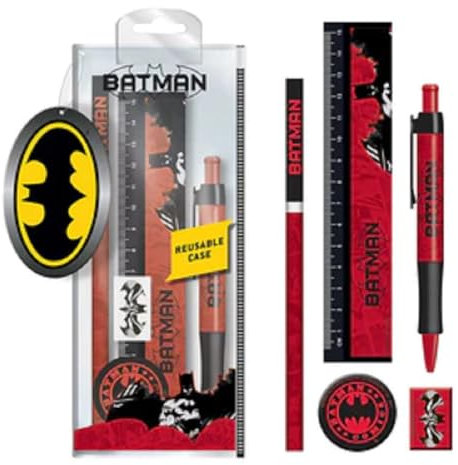 Set di cancelleria BatmanRed, penna rossa, righello, gomma, temperino, custodia riutilizzabile, matita