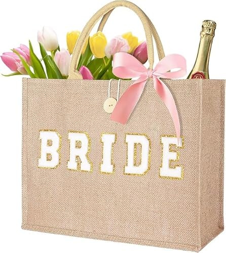 JUSTOTRY 1 pcs Bride to Be Tote Bag Beige,Hen Party Bag “BRIDE” Lettering for Hen Do Accessories,The Tote Bag Hen Party for Bridal Shower Gifts and Engagement Party Decorations