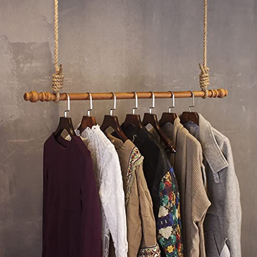 Kleiderstange aus Holz mit verstellbarer Höhe und Seil, Deckenmontage, Kleiderständer (80 cm)
