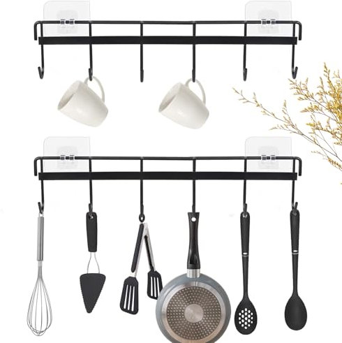 Minicoco Self-Adhesive Wall Hooks 6 Pack, Heavy Duty Black Kitchen Rail with Sticky Hangers for Utensils, Towels & Hats, Waterproof Multi-Surface Hooks for Bathroom/Bedroom/Door (No Drill, 5kg Load)