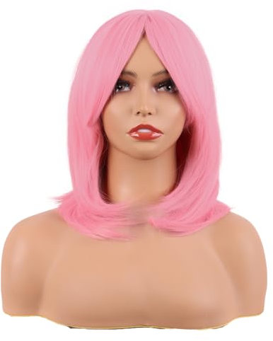 MapofBeauty 18 Zoll/45 cm Layered Bangs Gerade Synthetische Faser Schulter Länge Haar Tägliche Verwendung Perücke (Hell Rosa)