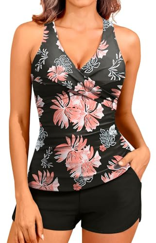 CheChury Femmes 2 Pièces Maillot de Bain Tankini Shorty avec Poches Elégante Col en V Top Bikini Maillot de Plage Taille Haute Amincissant Tankini