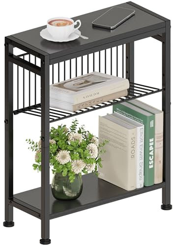 Vantimo Schmaler Beistelltisch, 3 Ablagen Nachttisch Schmal mit Zeitschriftenhalter, Sofa beistelltisch, Couchtisch klein für Wohnzimmer, Schlafzimmer, Küche & Balkon, Arbeitszimmer (Schwarz)