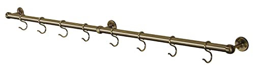 ROTHLEY Hanging Pot Rack Hanger: 39.4 Inch Stainless Steel Pot and Pan Hanger Pot Rack Wall Mounted Hanging Pots and Pans Rack Pot Hangers for Kitchen Wall Kitchen Rail with Hooks (Antique Brass)