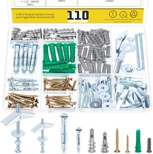 Mardatt Kit di 110 tasselli e viti resistenti per cartongesso, tasselli autoperforanti, bulloni Molly, viti per legno, ancoraggio a farfalla per appendere quadri al soffitto