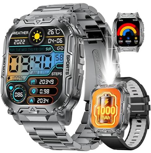 SUNKTA Militär Smartwatch Herren mit 900mAh Großer Akku/2.01'' HD-Großes Display Sportuhr/Telefonfunktion/IP68 Wasserdicht Fitnessuhr,24/7 Herzfrequenz/Blutdruck/SpO2 für Android iOS 2 Armbänders