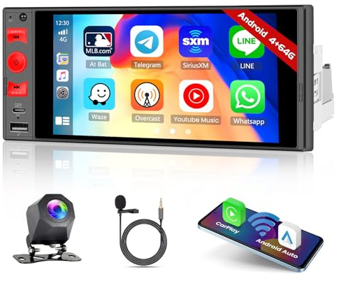 Roinvou Android15 1 DIN Autoradio mit Bildschirm 6-Zoll-Touchscreen Wireless Carplay Android Radio Mirror Link, Carplay Bluetooth 1 DIN mit USB/Type-C, WLAN, GPS, FM/RDS, EQ, SWC, Rückfahrkamera