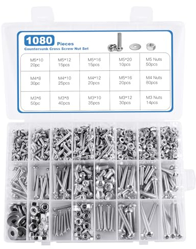 1080PCS Round Head Screws Nuts Flat Washers Assortment Kit, M3/M4/M5/M6 Cross Pan Head Machine Screws and Hex Bolts and Nuts Sets