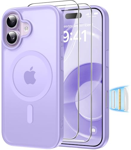Guisessy 3 en 1 Coque Magnétique pour iPhone 17 avec 2 Verre Trempé Compatible avec MagSafe Bouton de contrôle caméra Coins Air Guard Absorbant Les Chocs PC Anti-Jaunissement - Violet Clair