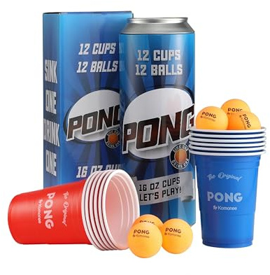 Komonee American Pong Game in Novelty Can - Fun Adult Party Gift, Secret Santa or Stocking Filler - Set of 12 Red & Blue Cups + 12 Balls