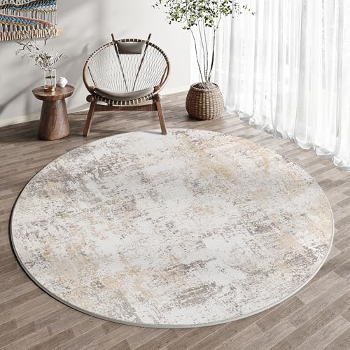 HUGEAR Waschbare Teppiche Rund Gegend Teppich 180cm Beige Grau Modern Abstrakt Wohnzimmer Schlafzimmer Teppisch Runder rutschfest Kurzflor Weich Rugs for Living Room Carpet for Esszimmer Büro