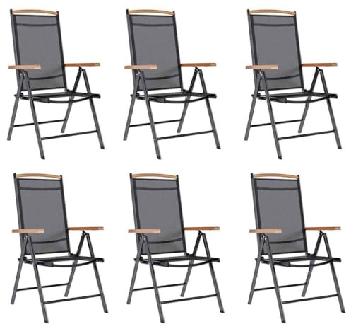 GeenYuu Folding Garden Chairs Set of 6 Black with Breathable Textilene Aluminium Frame Plywood Armrests 7-Way Adjustable Backrest Space Saving