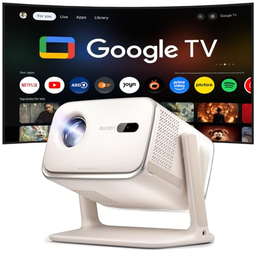 Aurzen Boom mini Smart Beamer Outdoor mit Google TV, 20W Dolby Audio | 4K-Unterstützung, Beamer Heimkino mit 500 ANSI-Lumen, WLAN & Bluetooth, TOF-Autofokus und Trapezkorrektur, Cremeweiß