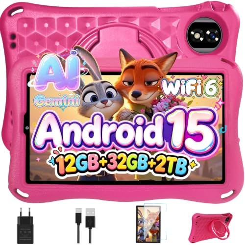 Tablet Para Niños 9 Pulgadas Android 15 Gemini AI, 12GB RAM+32GB ROM(TF 1TB),Octa-Core, 5G WiFi 6, GMS Certified, BT 5.0, 8+5MP, 5000mAh,Widevine L1,BT5.0,Control Parental Tablet con EVA Funda-Rosa