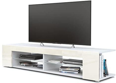 Vladon Lowboard Movie, TV-Kommode mit 4 offenen Fächern und Zierleisten, Weiß matt/Creme Hochglanz (134 x 29 x 39 cm)