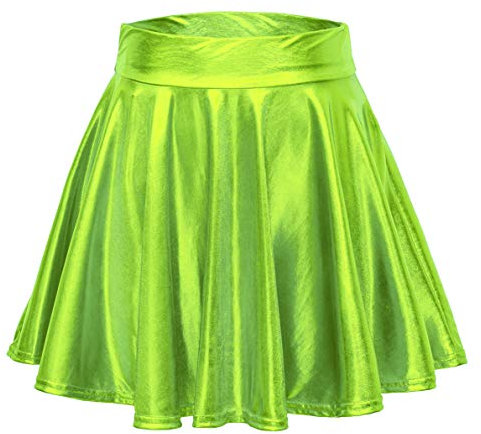 EXCHIC Femmes Métallisée Shiny Taille élastique Mini Jupe élégante A-Ligne Patineur Jupe(L, Bonbon Vert)