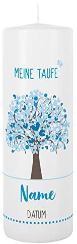 Striefchen® Taufkerze 250/80 mm mit Lebensbaum und Aufdruck des Namen und Datum sowie Taufspruch Weiß - Blau