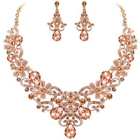 Clearine Women's Costume Elegant Crystal Flower Teardrop Statement Necklace Dangle Earrings Set Peach Morganite Color Rose-Gold-Toned