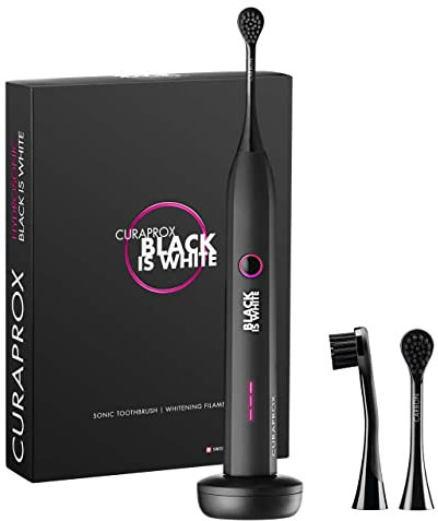 Curaprox Black is White Hydrosonic Zahnbürste – Zahnaufhellung Und Zahnfleischpflege | Ultrasanfte Reinigung Mit Carbon-bürstenköpfen | Set Mit Ladegerät Und Reiseetui