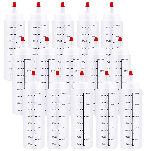 Haawooky 15 Pack 8oz Plastic Scale Squeeze Bottle,Clear Condiment Squeeze Bottles,Squirt Bottles with Red Tip Cap for Ketchup,BBQ,Sauces,Art and Crafts