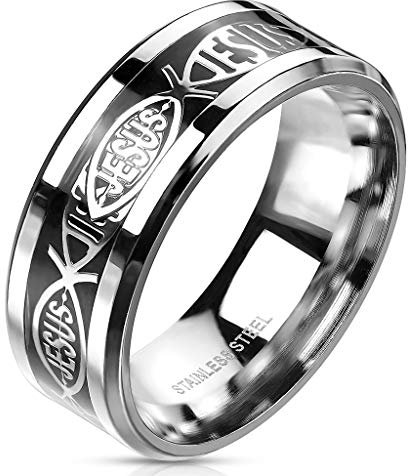 Paula & Fritz® Ring Herren Jesus Fisch 316L Chirurgenstahl Gr. 59 (18,8) Silber/Schwarz Damen-Ring Freundschaftsring Herrenring Partnerring Religion