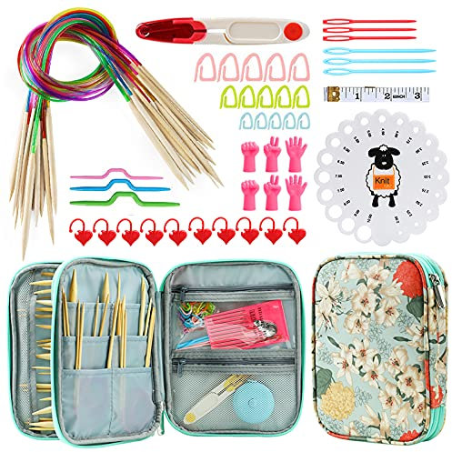 KOKNIT 18 Pairs Bamboo Circular Knitting Needles Set, Including 31 Long Lightweight Knitting Needles(2mm-10mm), 43pcs Knitting Tools and Elegant Storage Case