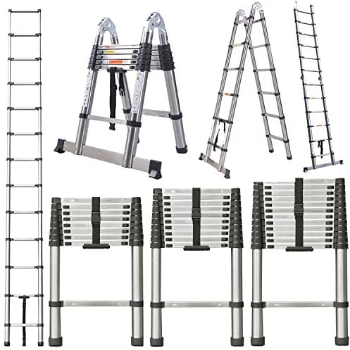 Teleskopleiter 5m Klappleiter Edelstahl Leiter, 2 in 1 Angegeleiter mit Stabilisator, Rutschfester Schiebeleiter Sprossenleiter Ausziehleiter Mehrzweckleiter max 150 kg Belastbarkeit Faltbar(2,5+2,5M)