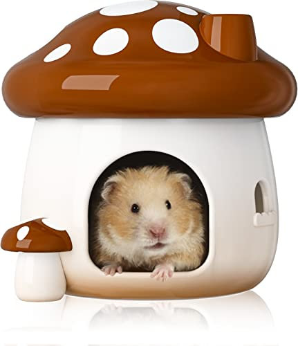 BUCATSTATE Hamsterversteck Keramik, pilzförmiges Hamsterhaus und Lebensraum Frisches Bett Ideal für Zwerghamster für alle Jahreszeiten Rennmäuse Goldener Bär (Braun-Groß)