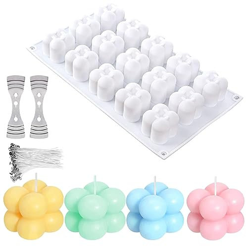 MARUKO Kerzengießform, Bubble Kerzenform, 15 HohlräUme Bubble Kerzenform, Kerzen Silikonform mit 100pcs Kerze Dochte und 2pcs Edelstahl Dochte Halter, DIY-Craft-Kerzen-Dekorationswerkzeuge