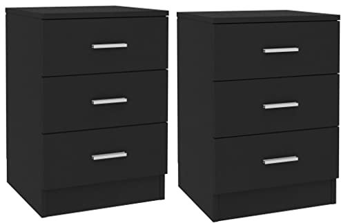 WIFESE 2er Set Nachttisch mit 3 Schubladen 38x35x56 cm Nachtkästchen Nachtschrank Boxspringbett Nachtkommode Bedside Table Beistelltisch Schwarz Nachttischschränke Kommode Holzwerkstoff