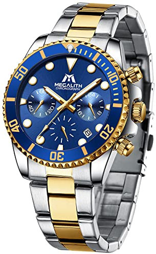 MEGALITH Herrenuhr 40mm Chronograph Quarz Armbanduhr Herren Edelstahl Wasserdicht Uhren Datum Leuchtende, Mode Geschenk für Männer - Gold Blau